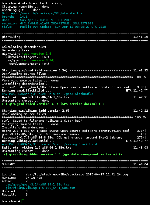 screenshot of a build with dependencies: 'slackrepo build viking'