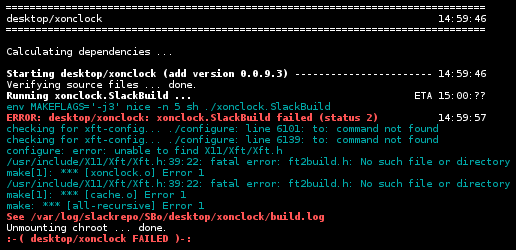 screenshot of a build failure: 'slackrepo build xonclock'