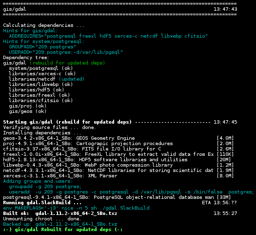 screenshot of updated dependency and rebuild: 'slackrepo update gdal'