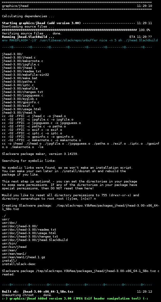 screenshot of verbose output: 'slackrepo build -v jhead'
